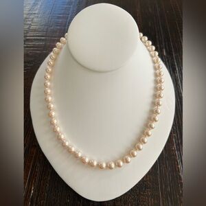 Vintage Marvella Faux Pearl Necklace 22” Gold Tone Box Clasp Classic Mid Century